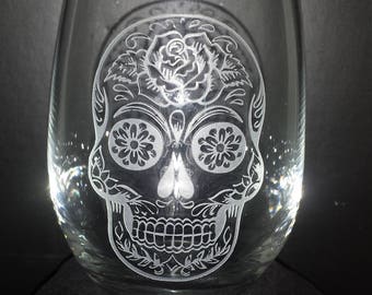 Dia De Los Muertos Etched Stemless Wine Glass