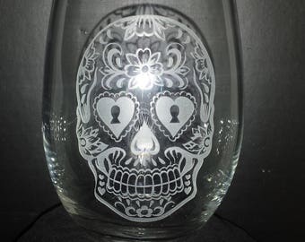 Dia De Los Muertos Etched Stemless Wine Glass