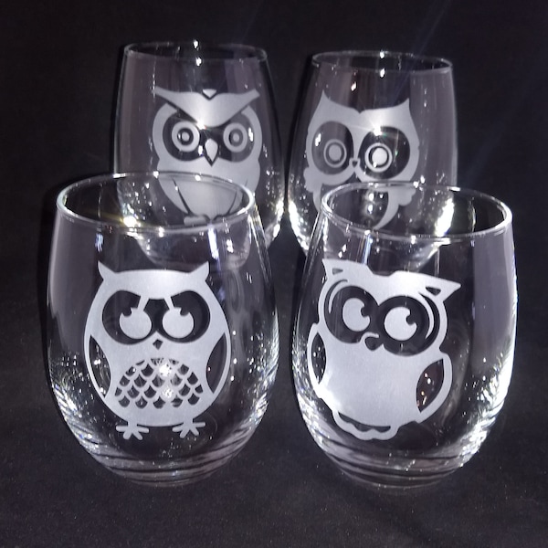 Owl Etched Stemless Wine Glasses (Set of 4)