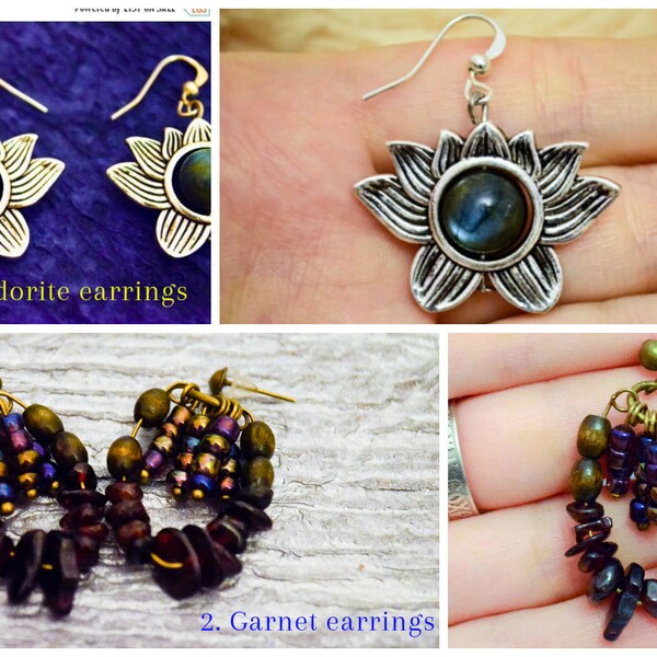 ON SALE С Cheap Elven earrings with natural stones: labradorite, garnet, coral, wool. Gemstone earrings. Polymer clay. Handmade by WooWoora