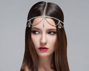 Bohemian Forehead Chain, Rhinestone Headpiece, Bridal Head Chain, Forehead Chain, Gypsy Hair Halo, Hair Swag Halo Rose Gold Silver