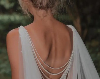 Bridal Wedding Cape Veil with back decor stones and pearls cathedral ivory diamond white