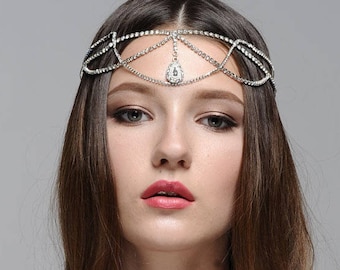 Bohemian Forehead Chain, Rhinestone Headpiece, Bridal Head Chain, Forehead Chain, Gypsy Hair Halo, Hair Swag Halo