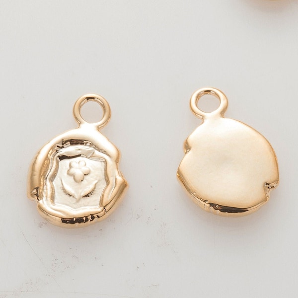 2PCS - Flower charms, Vintage Pendant, Wax Seal Coin charms, Real 14K Gold Plated  [P0813-PG]