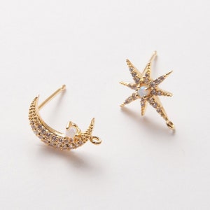 2PCS - celestial earrings Moon and star Opal Post Earring, Opal Stud Earring, 925 Sterling Silver Stick, Real 14K Gold Plated [E0497-PG]