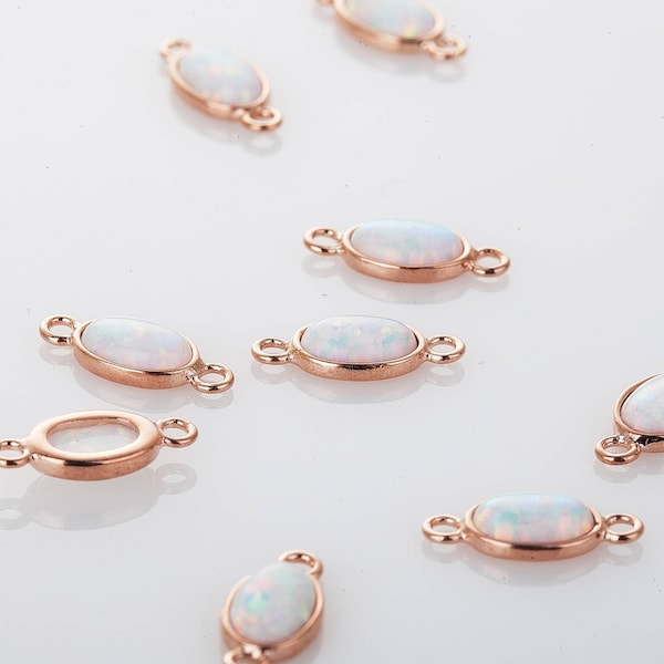 2PCS - White Opal Pendant, Pink Gold Opal connector, Opal Oval Dainty Charms, Jewelry Making, Rose Gold Plated  [G012802-PRGWH]