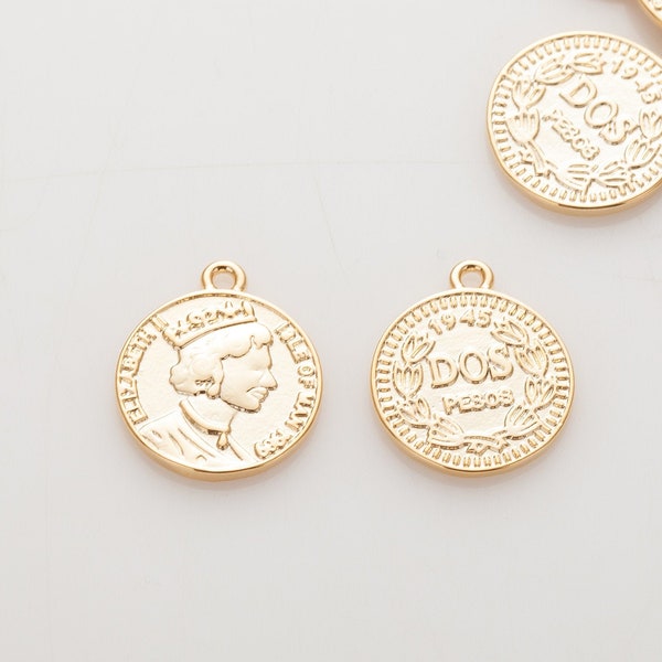 2PCS - Queen Elizabeth Coin 13mm, Vintage Necklace Pendant, Dainty Necklace Pendant, Real 14K Gold Plated   [P0794-PG]