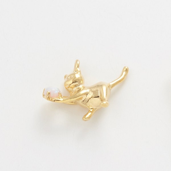 2PCS - Opal Cat Charm, Gold Lucky Opal Cat Pendant, Charm Making Necklace Supplies, Real 14K Gold Plated [P1305-PG]