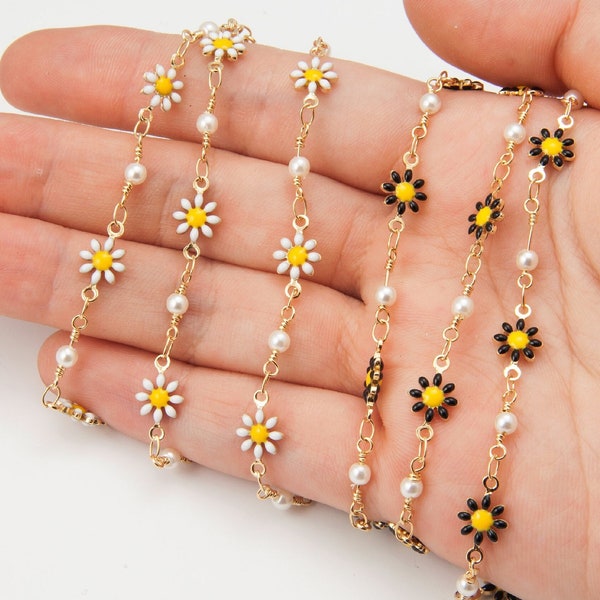 50cm - 4 Type Color Chain, Daisy Flower Enamel Chain, 7mm Flower Chain, 3mm Pearl Chain, Jewelry Supplies, 14K Gold plated [CH0344-PG]