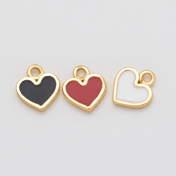 4PCS - Tiny White, Black, Red Enamel Heart Pendant, Tiny Heart Charm, Heart Dangle Charms, Real 14K Gold Plated Over Brass [P0711-PG]