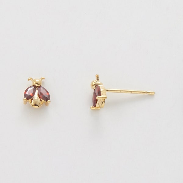 2PCS - Ladybug Post Earrings, Animal Earrings, Insect Stud Earring, Earring, 925 Sterling Silver Stick, Real 14K Gold Plated [E0637-PG]