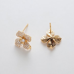 2PCS - Flower with Cubic Post Earring, CZ Flower Stud Earrings, Post earrings, 925 Sterling Silver Stick, Real 14K Gold Plated  [E0492-PG]