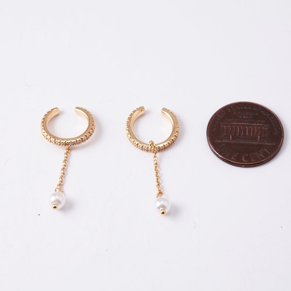 2PCS - 13mm Cubic Ear Cuff, Acrylic Pearl, 225s chain, Dainty Ear Cuff, Hoop Ear Cuff, Pearl Ear Cuffs, Real 14K Gold Plated [E0651-PG]