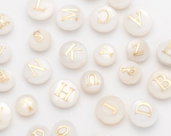 2PCS - 6mm/8mm gold mother of pearl initial necklace beads, Natural Shell with Alphabet Beads, Round Charm, letter, white shell [CB0122]