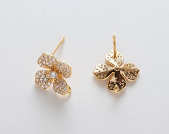 2PCS - Flower with Cubic Post Earring, CZ Flower Stud Earrings, Post earrings, 925 Sterling Silver Stick, Real 14K Gold Plated  [E0492-PG]