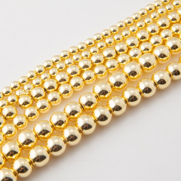 1 Strand - 16" 4/6/8mm Hematite beads, Thick Gold Coated beads, Round Beads, Full Strand 16", Natural Light gold plating / coating <CB0077>