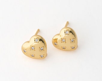 4PCS - CZ Point Heart Stud Earring, Diamond Shape CZ Gold Heart Earrings, 925 Sterling Silver Stick, Real 14K Gold Plated [E0744-PG]