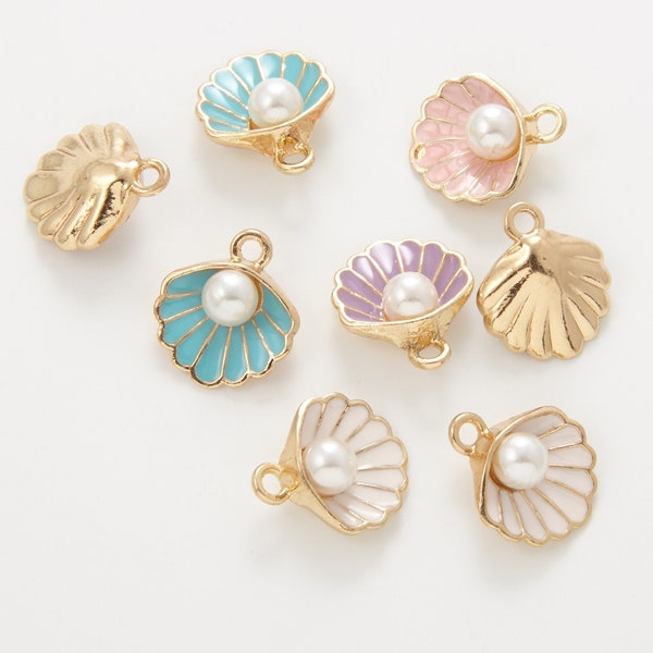 2 PCS - Daisy Shell Enamel Charm, Enamel Shell pendant, Seashell Charm, Oyster Necklace Pendant, Pearl Charms, 14K Gold Tone [P1320-PG]