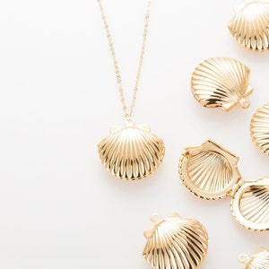 2PCS Shell Locket charm, Shell Locket Necklace, Gold Shell Charms, 14K Gold Tone P0735-PG image 1