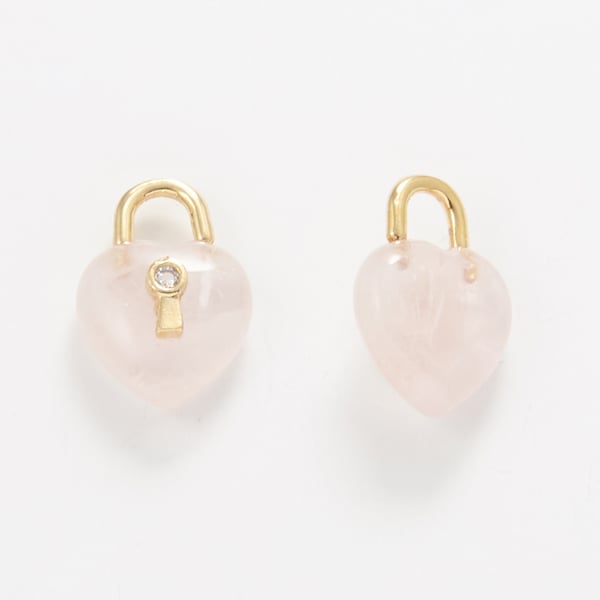 1PC - Cubic Lock Pendant, Rose Quartz Padlock charm, Gemstone Lock Pendant, Heart Lock Charm, Gold -Plated  [G0315-PG]