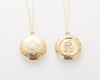 2PCS - Filigree&Floral Design Photo Locket Series, Locket Charm Necklace, 14K Gold Tone [P0737-PG]