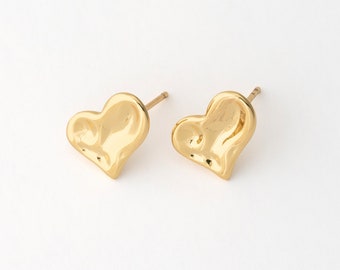 4PCS - Gold Heart Stud Earring, Hammered Heart Brass Earrings, 925 Sterling silver stick, Real 14K Gold Plated [E0742-PG]