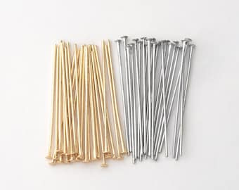 100PCS - Head Pin Basic Supplie, T-Pins, Head pin 30mm by 0.6mm, Jewelry Making, Charm Making, Real 14K Gold & Rhodium Plated [HeadPin-630]
