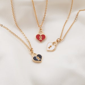 4PCS - Gold Epoxy Heart Lock, Red, White,Black Heart padlock Brass Pendant, jewelry Making, Real 14K Gold Plated [P0414-PG]