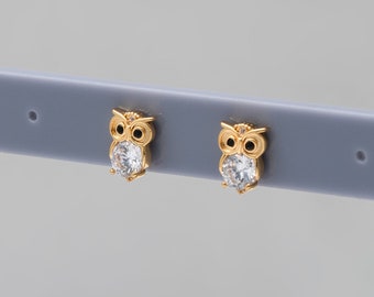 4PCS - Tiny Owl Bird Stud Earrings, Mini Gold Animal Lucky Post Earring, Minimalist Parakeet Jewelry, Real 14K Gold Plated [E0868-PG]