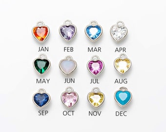 2PCS- Customizable Heart Birthstone Charm, Unique Mother's Day Present, Cubic Heart Charms for Jewelry Making, Rhodium Plated [P1471-PR]