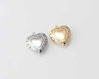 4PCS - Tiny Heart Locket Charms, 10x12mm Mini Locket Charm Necklace Making, 14K Gold & Rhodium Tone [P0804]