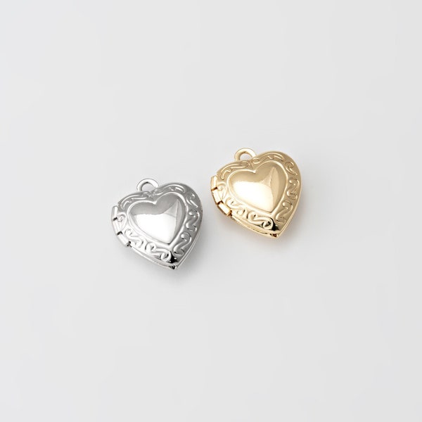 4 PCS - Petits breloques médaillon coeur, fabrication de mini colliers médaillon 10 x 12 mm, or 14 carats et rhodium [P0804]