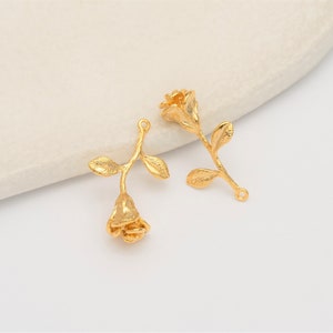 2PCS - Gold Rose Flower Plant Charms, Floral Earring Dangle Pendants, 3D Rose Charm, Real 14K Gold Plated [CB0238-PG]