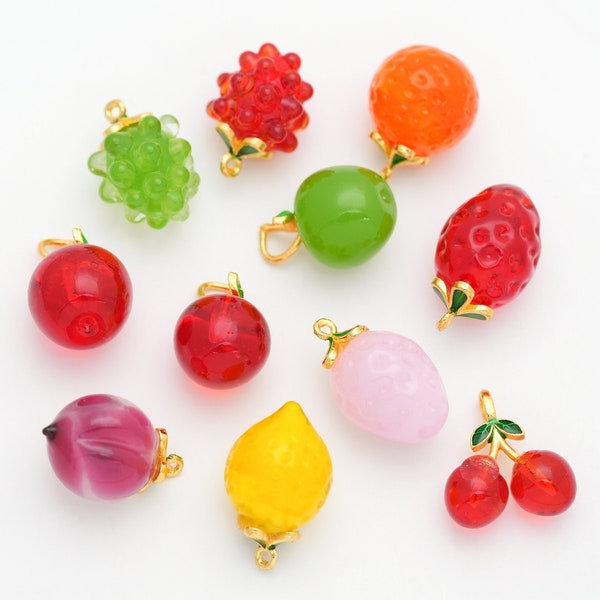 4PCS - Fruit Dangle Charms, Resin 3D Fruits Charm, Acrylic Apple, Cherry, Grape, Lemon Charms, Resin Charms, 14K Gold Tone  [CB0224]