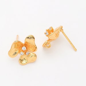 2PCS - Cubic Flower Stud Earring, CZ Flower Post Earring, 925 Sterling silver stick, Real 14K Gold Plated [E0039-PG]