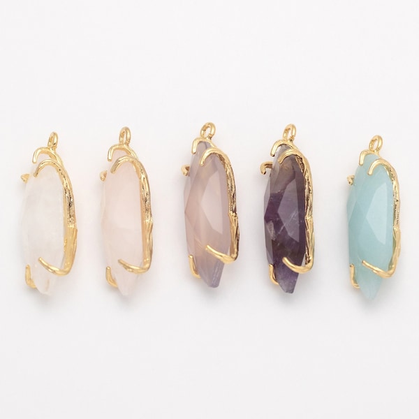 2PCS - Tear drop Gemstone Pendants, Rose Quartz, Crystal, Amethyst, Amazonite, Gray Agate Pentagon Charm, Real 14K Gold Plated [SS0065-PG]