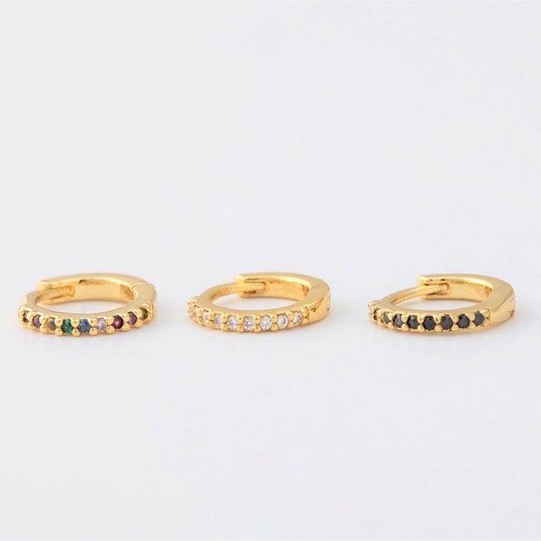 4PCS - Crystal Cubic Line 10mm One Touch Earring, Multi CZ Hoop Earrings, Huggie Hoops, jewelry Making, Real 14K Gold Plated [E0477-PG]