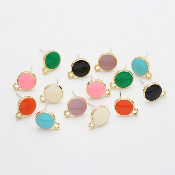 10PCS - 10mm Round Enamel Earrings, Ear Stud, Epoxy Circle Colorful Post, Accessories Craft Supplies, 14K Gold Tone [CB0214-PG]