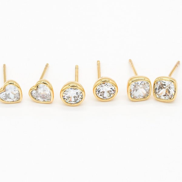 4PCS - Heart CZ Stud Earring, Cubic Gold Square Earrings, Round Dangle Posts, 925 Sterling silver stick, Real 14K Gold Plated [E0605-PG]