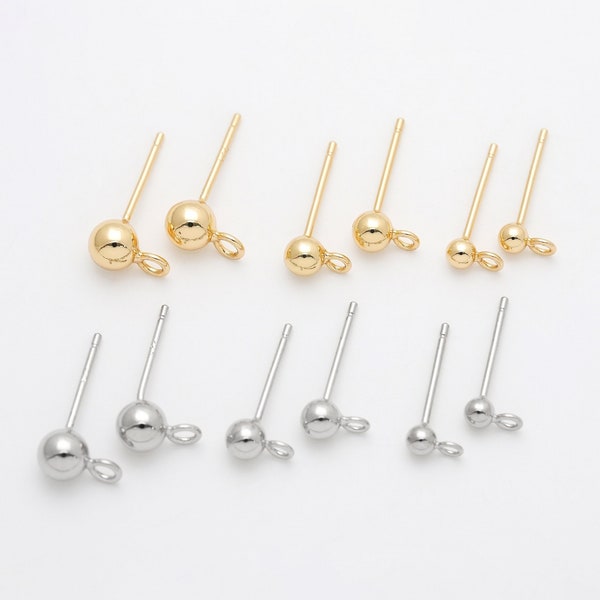 10PCS - 3,4,5mm Small Ball Stud Earrings, Ball Brass Post Earring, 925 Sterling Silver Stick, Real 14K Gold & Rhodium Plated [E0335]