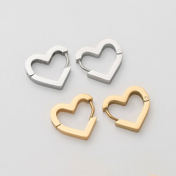 2PCS - Heart Huggie Hoop Stainless Steel Earrings, Small Heart One Touch Earrings, Tiny Heart hoops, Real 14K Gold & Rhodium Plated [E0731]