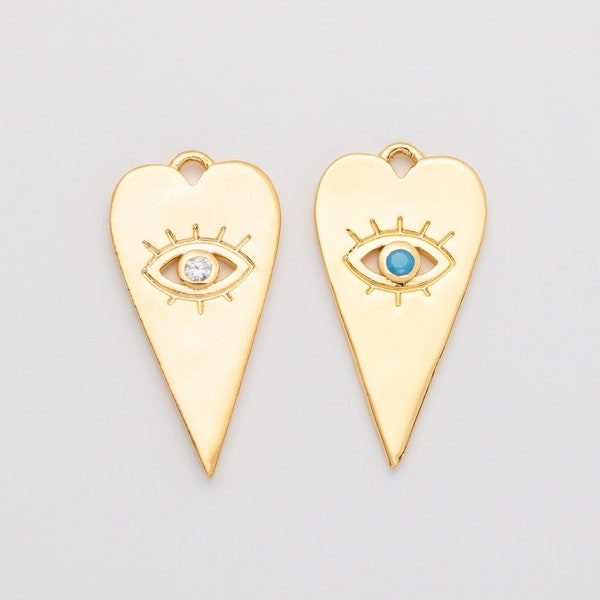 4PCS - Heart Cubic Evil Eye Pendant, Turquoise Evil Eye Charms, Heart Evil Eye, Real 14K Gold Plated [P0743-PG]