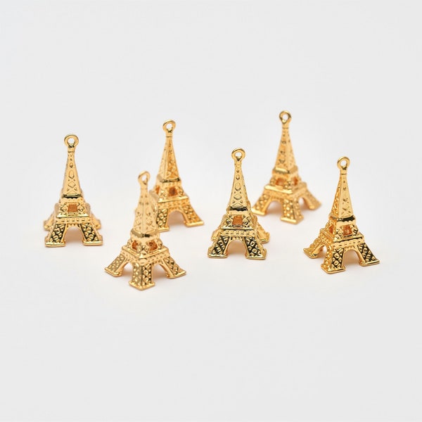 4PCS - Eiffel Tower Brass Pendant, Gold Eiffel Charm, France Symbol Dangle Charms, Real 14K Gold Plated [P0364-PG]