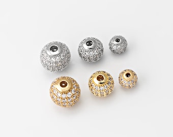 2PCS - 6,8,10mm Round Ball Crystal Zircon Beads, CZ Micro Pave Round Mini Pave Beads, Shamballa Ball Beads, 14K Gold & Rhodium Tone [CB0263]