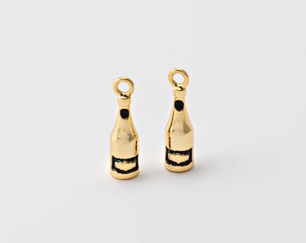 2PCS - Tiny Pave Wine Bottle Dangle Charm, Mini Black Enamel Glasses Pendant, Drinking Bottle Charm, Real 14K Gold Plated [P1695-PG]