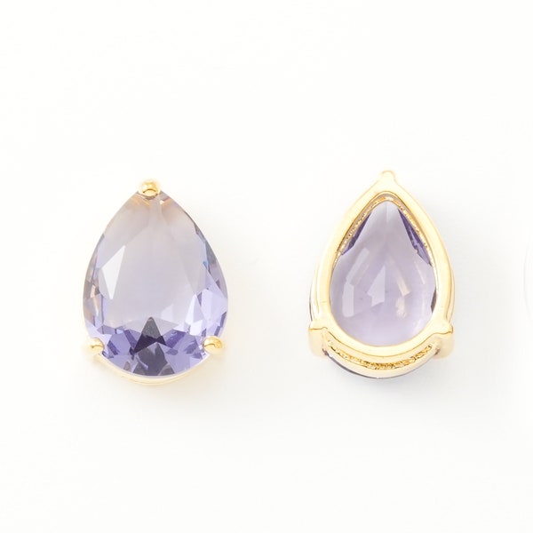 2PCS - Tanzanite Teardrop Glass Pendant (Large), Teardrop Charms, Glass Connector, 14K Gold Plated [G0049-PGTZ]