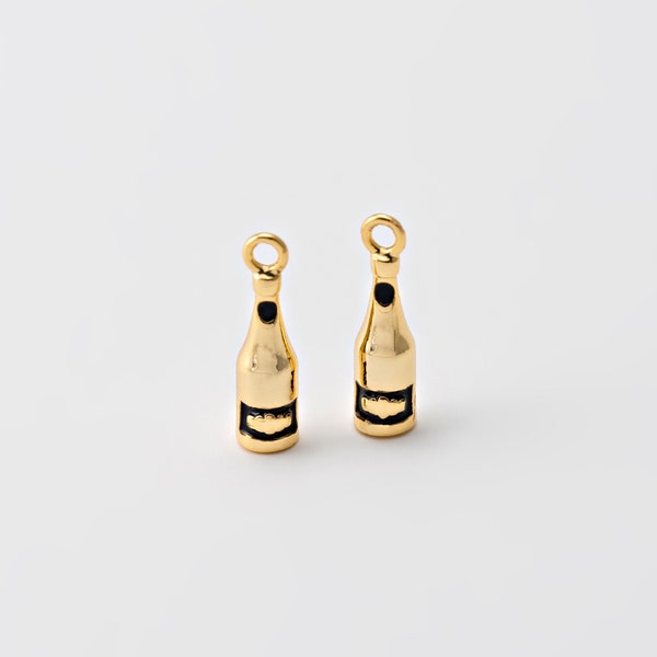 2PCS - Tiny Pave Wine Bottle Dangle Charm, Mini Black Enamel Glasses Pendant, Drinking Bottle Charm, Real 14K Gold Plated [P1695-PG]