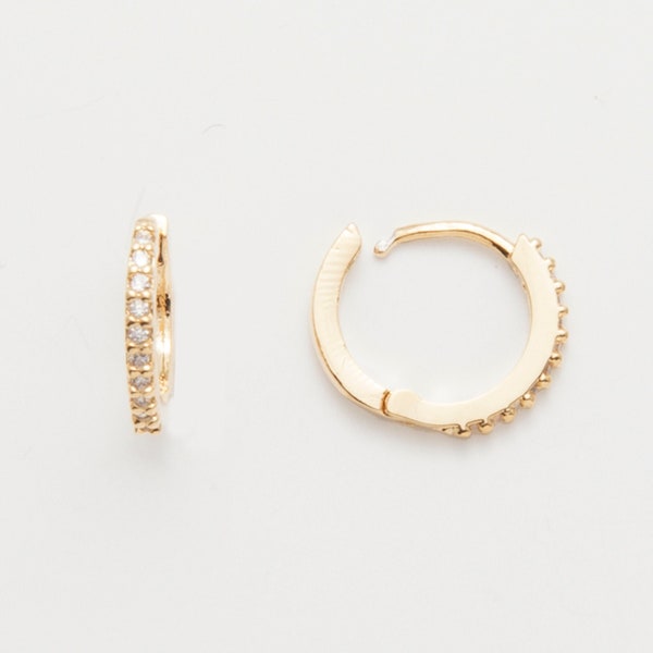 4PCS - Crystal Cubic Line 12mm One Touch Earring, CZ Huggie Hoops, jewelry Making, Real 14K Gold Plated [E0436-PGNR]