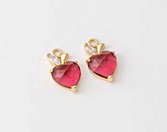 1PC - Heart Pink Zircon Apple Dangle Fruit Charm, Gold Love Shape Pendants, Cubic Jewelry Making, Real 14K Gold Plated [P1729-PG]