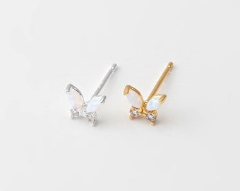2PCS - Tiny Butterfly White Opal Stud Earrings, Dainty Crystal Zircon Butterfly Jewelry Post Earring, Real 14K Gold & Silver Plated [E0883]